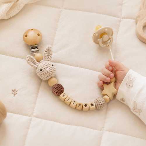 Personalized Crochet Pacifier Clip with Name on Wooden Beads, Animal Soother Holder, Dummy Clip for Baby Shower & New Mom Gift [N]