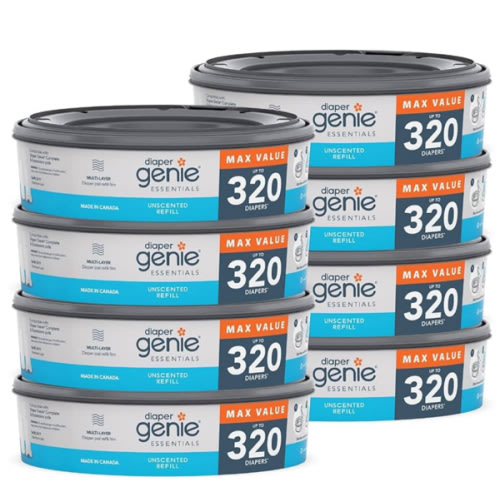 Diaper Genie Essentials Round Refill 8-Pack | Holds Up to 2560 Newborn Diapers | Features Unscented Continuous Film | Compatible with Diaper Genie Complete and Expressions Pails,8 Count (Pack of 1)