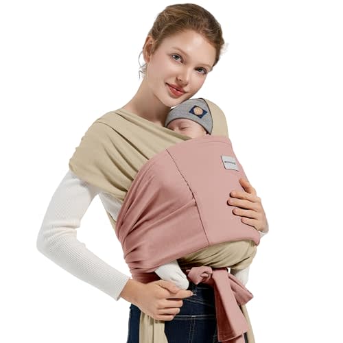 Baby Wraps Carrier - Soft Breathable Baby Carrier Newborn 7-35lbs, Adjustable Hands-Free Baby Sling for Newborns to Toddlers, Cozy Newborn Carrier with Knitted Cotton Material, Beige+Pink