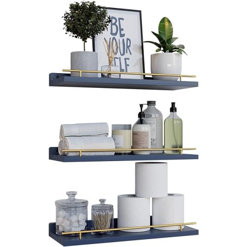 WOPITUES Floating Shelves with Gold Metal Guardrail, Shelves for Wall Decor Set of 3, Wall Shelves for Bedroom, Bathroom, Kitchen, Living Room, Plants, Picture Frames, Art- Gold in Navy Blue