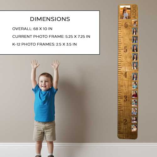 Personalized Wooden Growth Chart Ruler with School Photo Frames | Custom Wall Hanging Family Growth Height Chart Ruler, School Picture Frame