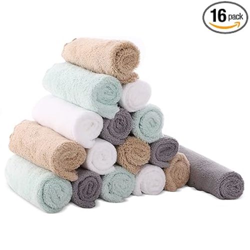 Cute Castle Ultra-Soft Baby Washcloths, 16 Pack - 9" by 9", Gentle on Sensitive Skin for Face and Body, Plush, Super Absorbent Wash Clothes for Girls and Boys,White+Brown+Grey+Sage Green