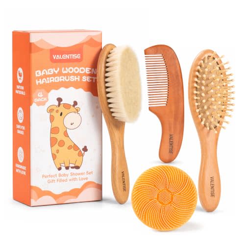 4 Pack Wooden Baby Hair Brush Set, Baby Brush and Comb Set with Soft Goat Bristle, Cradle Cap Brush for Newborns & Toddlers, Perfect Baby Registry Gift