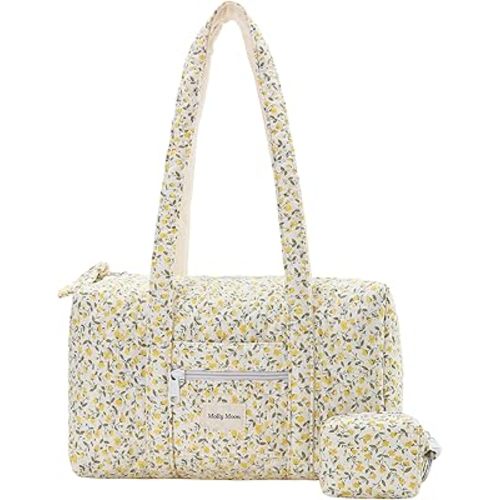Molly Moon Top Zipper Floral Quilted Duffle Bag for Women, Yellow Quilted Small Floral Tote Bags with Coin Purse, Cute Cotton Shoulder Bag for Travel, Work, School