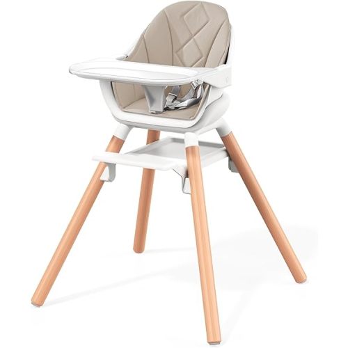 High Chair, High Chairs for Babies and Toddlers, Baby High Chair for Eating, 6 in 1 Easy Clean Highchair with Removable Double Tray and Reversible Footrest, Wooden Legs, Champagne
