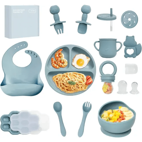 Silicone Baby Feeding Set, 15pcs Baby Led Weaning Feeding Supplies for Toddlers, Bowls and Plates with Suction, Silicone Bib,Toddler Spoons and Fork, Toddler Cups, Fruit Feeder & Freezer Tray. (Blue)