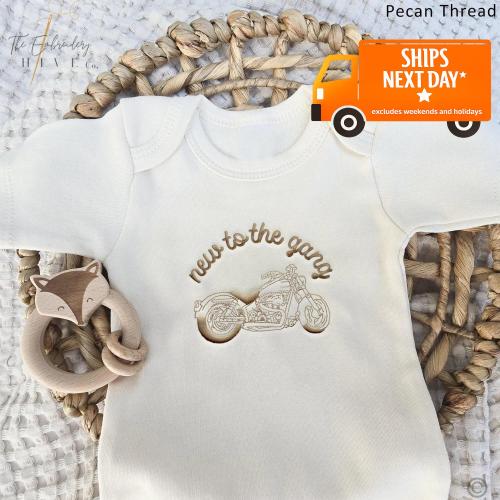 Embroidered New to the Gang ONESIES® brand, Surprise to Family, Friends, Pregnancy Announcement ONESIES® brand, Biker Bodysuit, L295