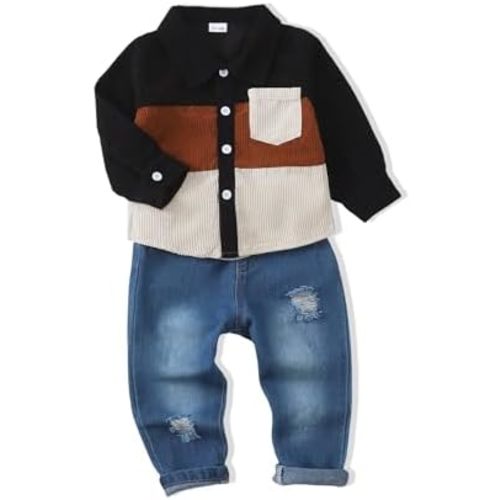 NZRVAWS Toddler Baby Boy Clothes Infant Plaid Pocket Shirt Denim Ripped Jean Pants Outfits Set 6-24 Months 2-5T