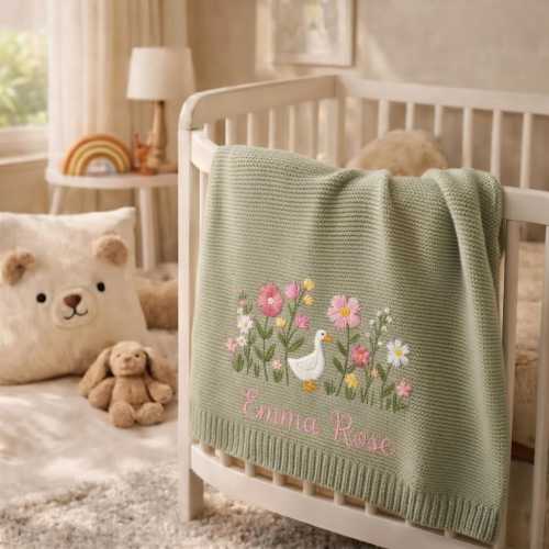 Personalized Embroidered Goose Floral Baby Blanket - Duck Wildflower Knit Throw, Newborn Blanket, Nursery Keepsake, Newborn Gift For Baby
