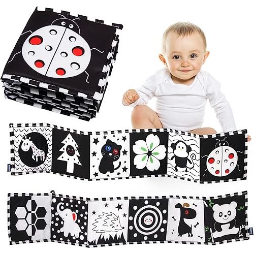 Susimond High Contrast Black and White Cloth Books, Nontoxic Fabric Baby Soft Book Cloth Books Tummy-Time Toys, Early Education Baby Cloth Book Activity Crinkle Toys for 0-3 Years Olds Boys Girls