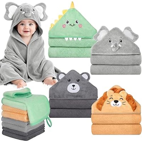 CandyHome 12 PCS Baby Bath Towels Set for Infants Toddlers, 4 PCS Animal Hooded Baby Towels & 8 PCS Washcloths Set, Ultra Absorbent Cute Soft Newborn Essentials Gift for Boys & Girls