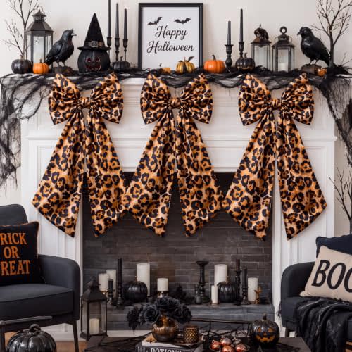 Suncalla 3 Pcs Large Leopard Print Bow Decor - 24 x 12 in Big Cheetah Print Satin Bows Hanging Wall Decors for Crib Skirt Nursery Bedding Wedding Room Birthday Shower Xmas Fireplace Party Supplies