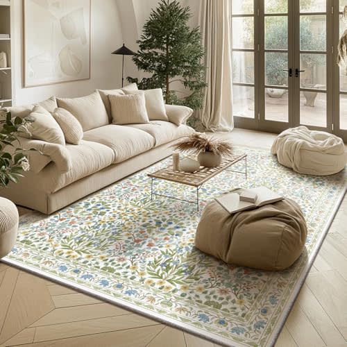 Baksham Light Green 5x7 Area Rug - Vintage Floral Washable Bedroom Rug for Living Room, Nursery, Dining Room - Low Pile, Non-Slip, Stain Resistant, Retro Indoor Floor Rug