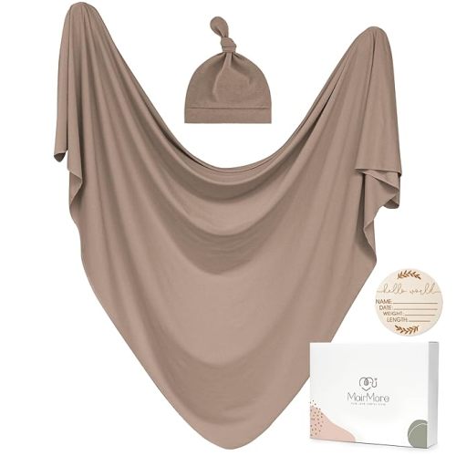 MairMore Baby Swaddle Receiving Blankets with Matching Beanie Set Newborn Nursery Swaddle Wrap for Baby Girls and Boys (Brown)