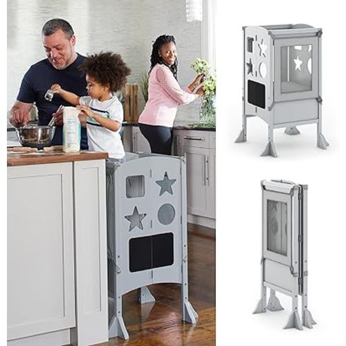 Guidecraft Classic Kitchen Helper® Toddler Tower - Gray: Folding, Adjustable Height, Learning Step Stool for Kids, W/Chalkboard | Montessori Collapsible Safety Non-Slip Platform