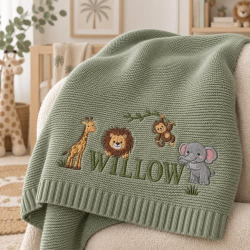 Manta personalizada bordada con animales de safari, regalo personalizado para baby shower con jirafa, león, mono y elefante, manta para recién