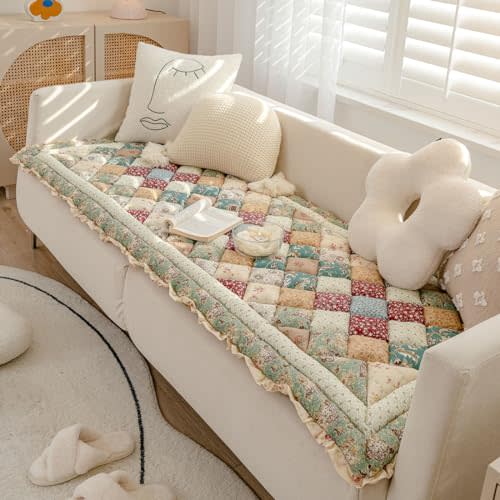 Boho Plaid Patchwork Sofa Cover Floral Printed Ruffled Furniture Protector Cotton Quilted Sectional Couch Covers Non-Slip Sofa Slipcover for Dogs Cats Pet Area Rugs Mat (Green,28"x59")