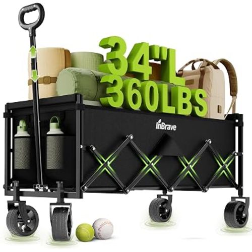 34" Extra Long Collapsible Wagon Cart, 360LBS Capacity, Black