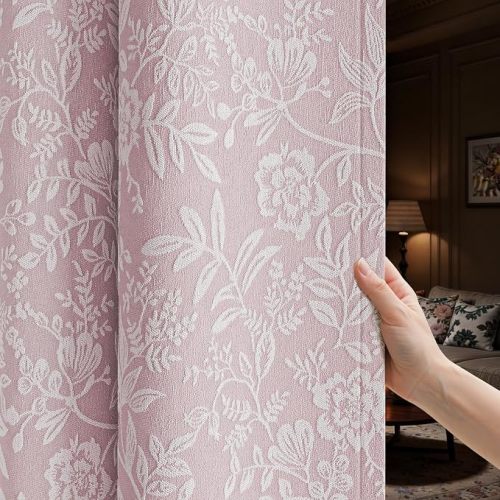 Floral Jacquard Blackout Curtains 84 Inches Long - Chenille Easy Install Grommet Drapes to Improve Sleep Quality, Bedroom Living Room Set of 2 Panels (52" W x 84" L), Pink