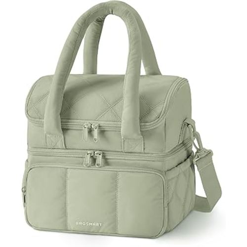 BAGSMART Lunch Bag Women, Double Deck Insulated Lunch Box, Quilted Puffer Lunch Tote, Leakproof, Durable & Reusable Large Lunch Cooler For Work Picnic Travel Meal Prep, Sage Green
