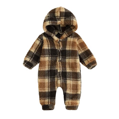 GINEVSAL Baby Furry Jumpsuit Newborn Fleece Snowsuit Plaid/Butterfly Long Sleeve One-Piece Hooded Romper Winter Clothes