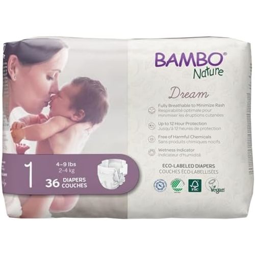 Bambo Nature Hypoallergenic Dream Baby Diapers, Eco-Labeled Sustainable Diapers, Enhanced Leakage Protection, Totally Chlorine-Free, Skin Friendly, and Super Absorbent - Size 1 (4-9lbs) - 36 Count