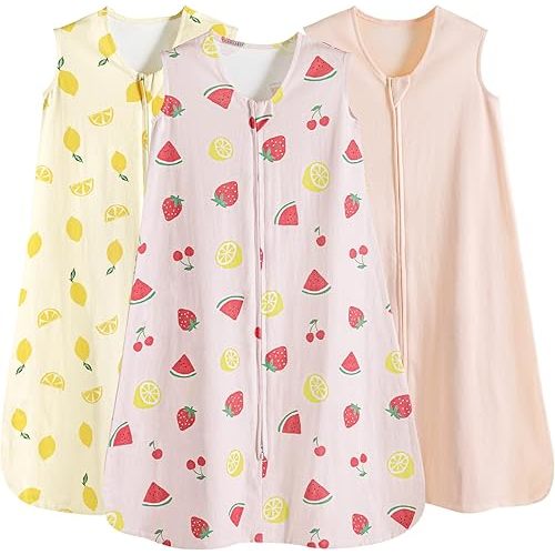 PHF 100% Organic Cotton Baby Sleep Sack 6-12 Months, Soft Lightweight Wearable Blanket for Babies, 2-Way Zipper 0.3 TOG Comfy Toddler Sleeping Sack 3 Pack for Boys Girls Neutral, Lemon (Medium)