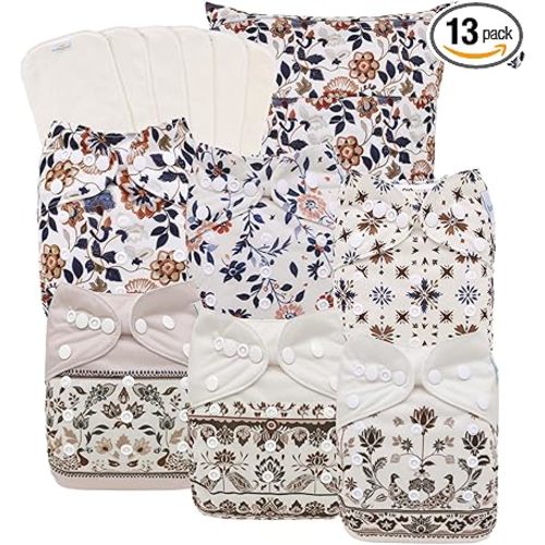 babygoal Boho Cloth Diapers Pack of 13, Baby Reusable Washable Pocket Nappy, 6pcs Diapers+6pcs Rayon from Bamboo Inserts+Wet Bag