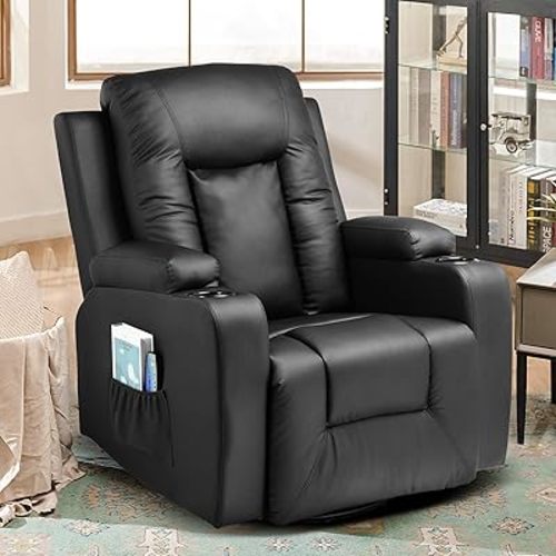 ComHoma Recliner Chair Massage Rocker with Heated Modern PU Leather Ergonomic Lounge 360 Degree Swivel Single Sofa Seat with Drink Holders Living Room Chair (DPBLACK)