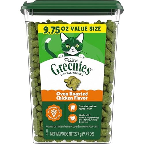 Greenies Cat Treats, Feline Veterinarian-Recommended Adult Natural Dental Cat Treats, Oven Roasted Chicken Flavor, 9.75 oz. Tub