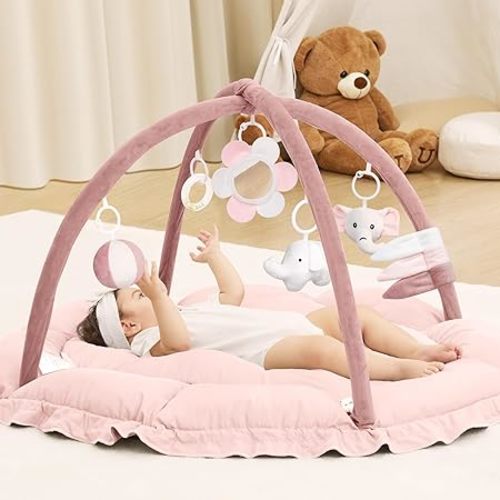 ANGELBLISS 5 in 1 Baby Play Gym Mat, Reversible Tummy Time Mat with 5 Sensory Toys for Stage-Based Developmental, Thick & Large Baby Activity Center from Newborn to Toddler (Pink)