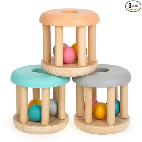 DUCKBOXX XX® Montessori Infant Educational Toys, Natural Wood Rolling Rattle Toy, Early Learning Toy for Developing Fine Motor Skills and Color Recognition, for Ages 0m–2yrs (Burlywood Base - 3pcs)