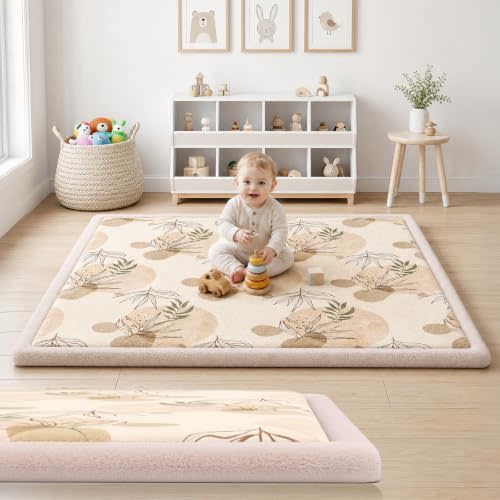 Baby Play Mat for Floor,1.3" Thick Elasti-Foam 50x50 Playpen Mat | Non-Slip Bottom, Soft Coral Velvet Boho Surface, Cushioned Foam, Infant Toddler Crawling Tummy Time, Playroom Nursery