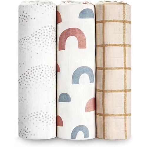 HECCEI Soft Large Swaddle Blankets - 3-Pack 70% Bamboo 30% Cotton Muslin Swaddle Blanket, Large Breathable Receiving Blankets for Newborn, Boys and Girls Swaddles, Registry & Gift, 47 x 47 inches