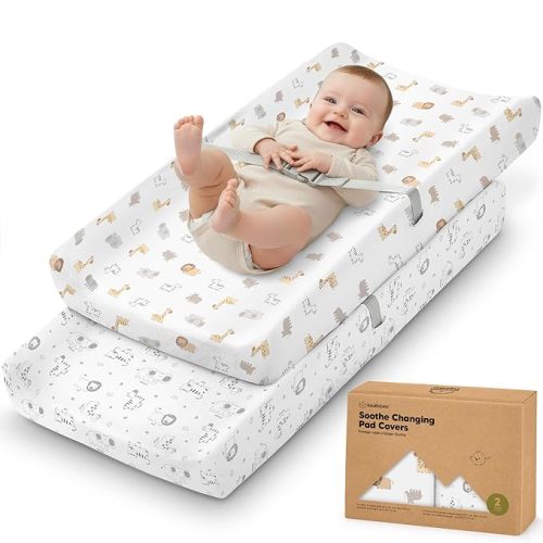 2-Pack Organic Changing Pad Covers for Girl, Boy, Neutral - 100% Cotton Changing Table Pad Cover, Soft Baby Nursery Diaper Changing Pad Sheets,Contour Changing Pads Liners,Change Pad Cover(KeaSafari)