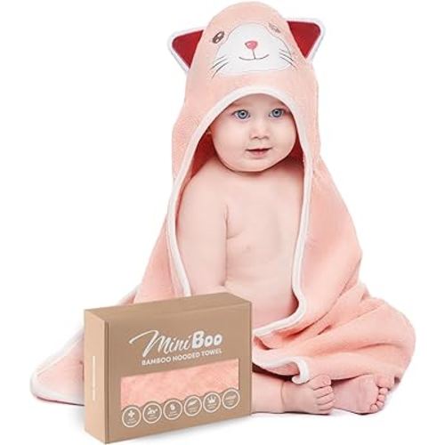 MINIBOO Hooded Baby Towels for Newborn & Toddler - Super Soft Baby Bath Towels with Hood, Highly Absorbent Viscose Made from Bamboo Hooded Towel for Girls, Newborn Essentials.