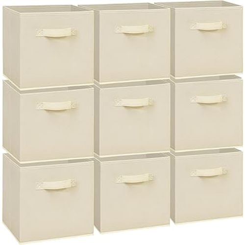 Easi 11 inch Cube Storage Bins, 9 Storage Cube Organizer, Collapsible Fabric storage cubes with Handles, Closet Storage Basket For Organization, Shelf Basket For Shelves Clothes Books, Beige