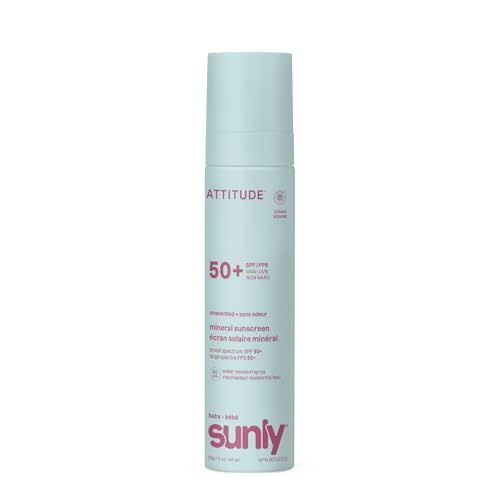 ATTITUDE Baby Mineral Sunscreen Lightweight Lotion SPF 50, Broad Spectrum Zinc Oxide, EWG Verified, Non-Nano, Water-Resistant, Non-Greasy for Face & Body, Unscented, 3 Oz
