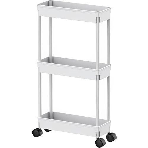 Sooyee 3 Tier Rolling Cart with Wheels,Slim Storage Cart,Under Desk Narrow Rolling Utility Cart Storage Organizer for Office Bathroom Kitchen Laundry Room Narrow Places, White