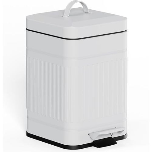 CEROELDA Small Trash Can with Lid-5L/1.3 Gal, Stainless Steel Outdoor Dog Poop Garbage Can-Farmhouse Retro Metal Waste Bin w/Step Pedal for Bathroom Bedroom Office-Soft Close-White
