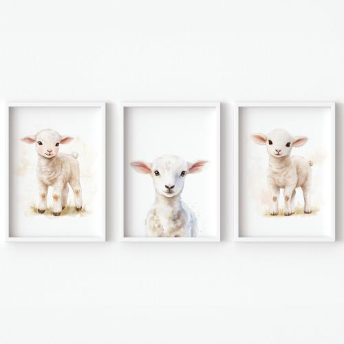 Lamb Nursery Wall Art Print Baby Girl Boy Kids Bedroom Decor neutral set of 3 piece Triptych Watercolor posters toddler digital farmhouse. 8x10
