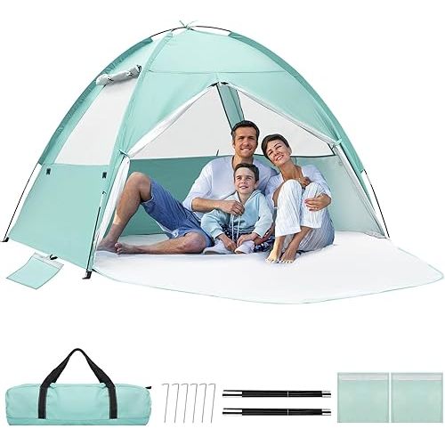 NHOWIN Beach Tent for 3-4 Person, Large Easy Setup Beach Shade Canopy with UPF 50+ UV Protection, Portable Shade Tent with 3 Ventilating Mesh Windows for Outdoor, Picnics, Fishing