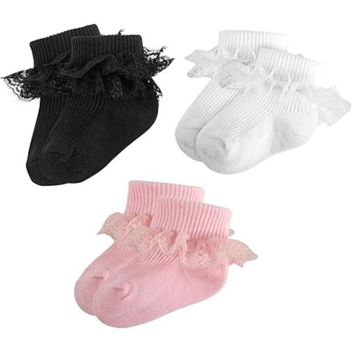 Baby Girl Ruffle Socks Eyelet Double Lace Turn Cuff Ankle Frilly Dress Socks for Newborn/Infant/Toddler/Little Kids