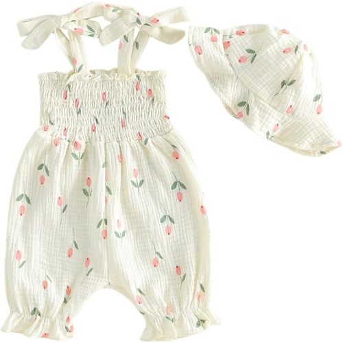 Mubineo Baby Girl Summer Clothes Cute Cotton Linen Romper Jumpsuit Sleeveless Smocked Rompers Sun Hat Comfy Boho Outfits