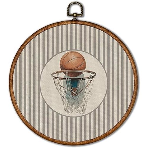 KSDUT Vintage Basketball Wall Art Decor - Retro Sports Trendy Wall Art Canvas Frame Hanging Prints, Nursery Sports Gallery Round Artwork Decor for Boys Room Home Decorations 10"x10"