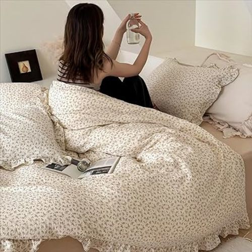 BuLuTu Muslin Kids Duvet Cover for Full Size Bed, Vintage Farmhouse Duvet Covers with Ruffles, Soft Cotton Comforter Cover, Camellia, Zipper Closure & Corner Ties, No Comforter