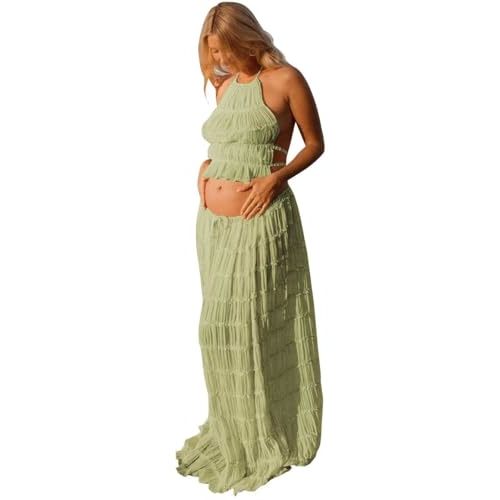 SHSUREVE 2 Piece Maternity Dresses for Photoshoot Boho Ruffle Pregnancy Photography Outfit Baby Shower Dress