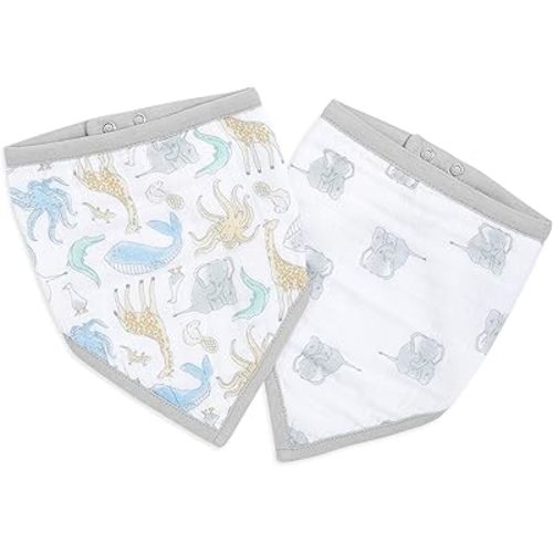 aden + anais essentials Bandana Baby Bib, 100% Cotton Muslin, 3 Layer Burp Cloth, Super Soft & Absorbent for Infants, Newborns and Toddlers, Adjustable with Snaps, 2 Pack, Natural History