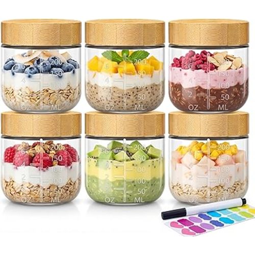 8 oz Small Glass Jars with Bamboo Lids, Overnight Oats Containers, 6 Pack