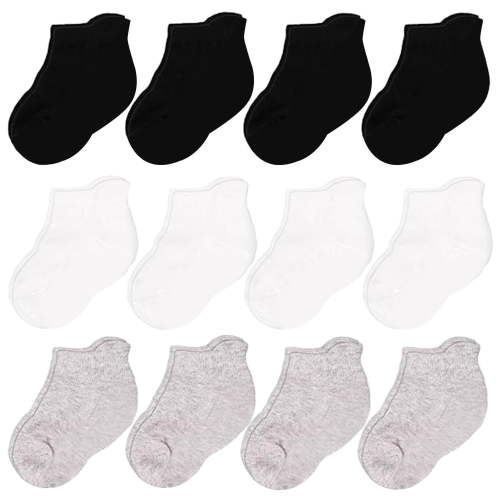 CozyWay Infant & Toddler Ankle Socks - Non-Slip Grip for Safe Steps & Toddler Socks - Soft Cotton Comfort & Baby-Friendly Fit - 6-12 Months, 12-Pack, White/Black/Gray
